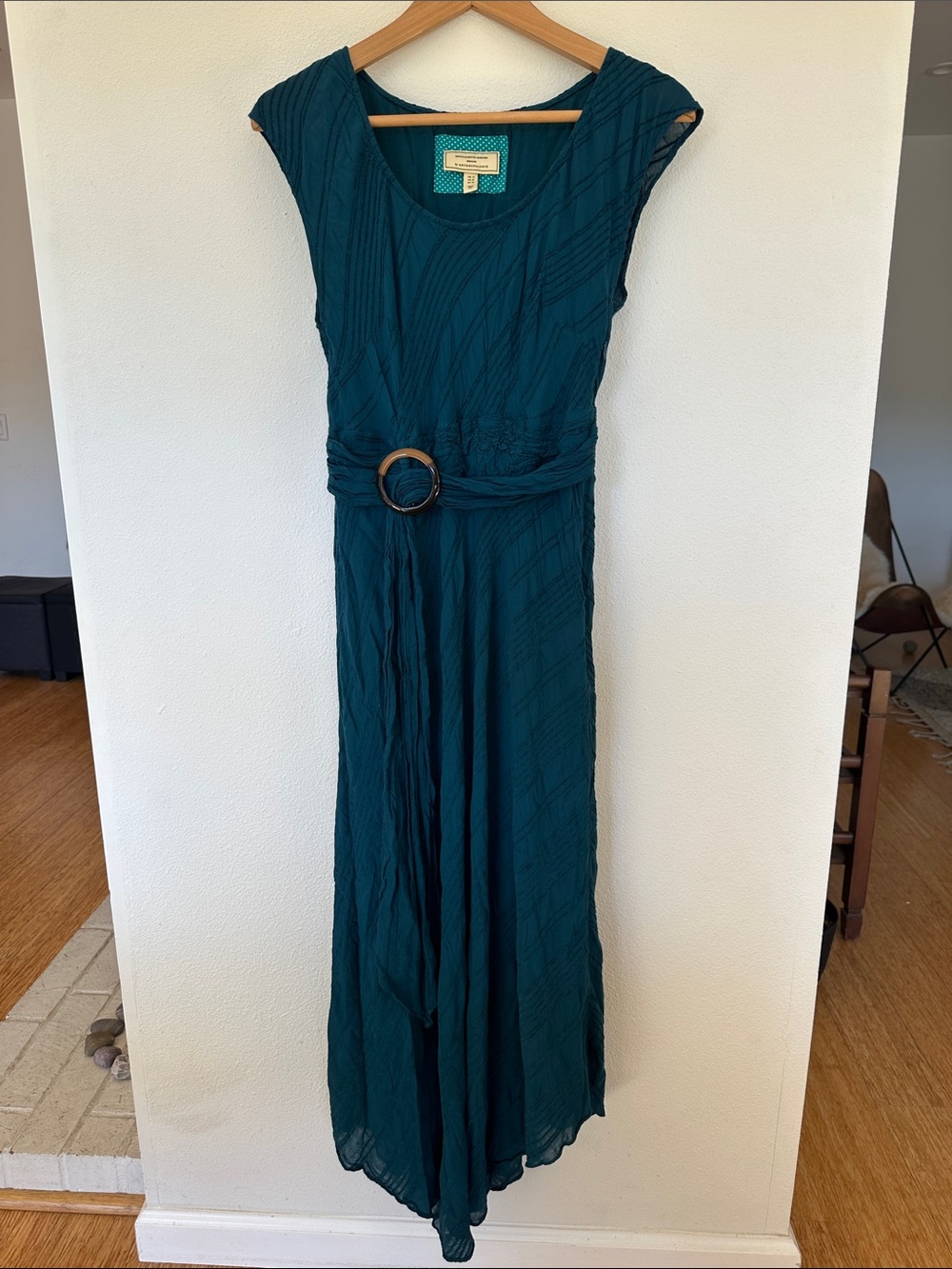Anthropologie Teal Cap-Sleeve Maxi Dress with Belt Ring